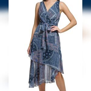 Tommy Hilfiger Womens Patchwork Midi Fit & flare dress. Plus size 16 blue